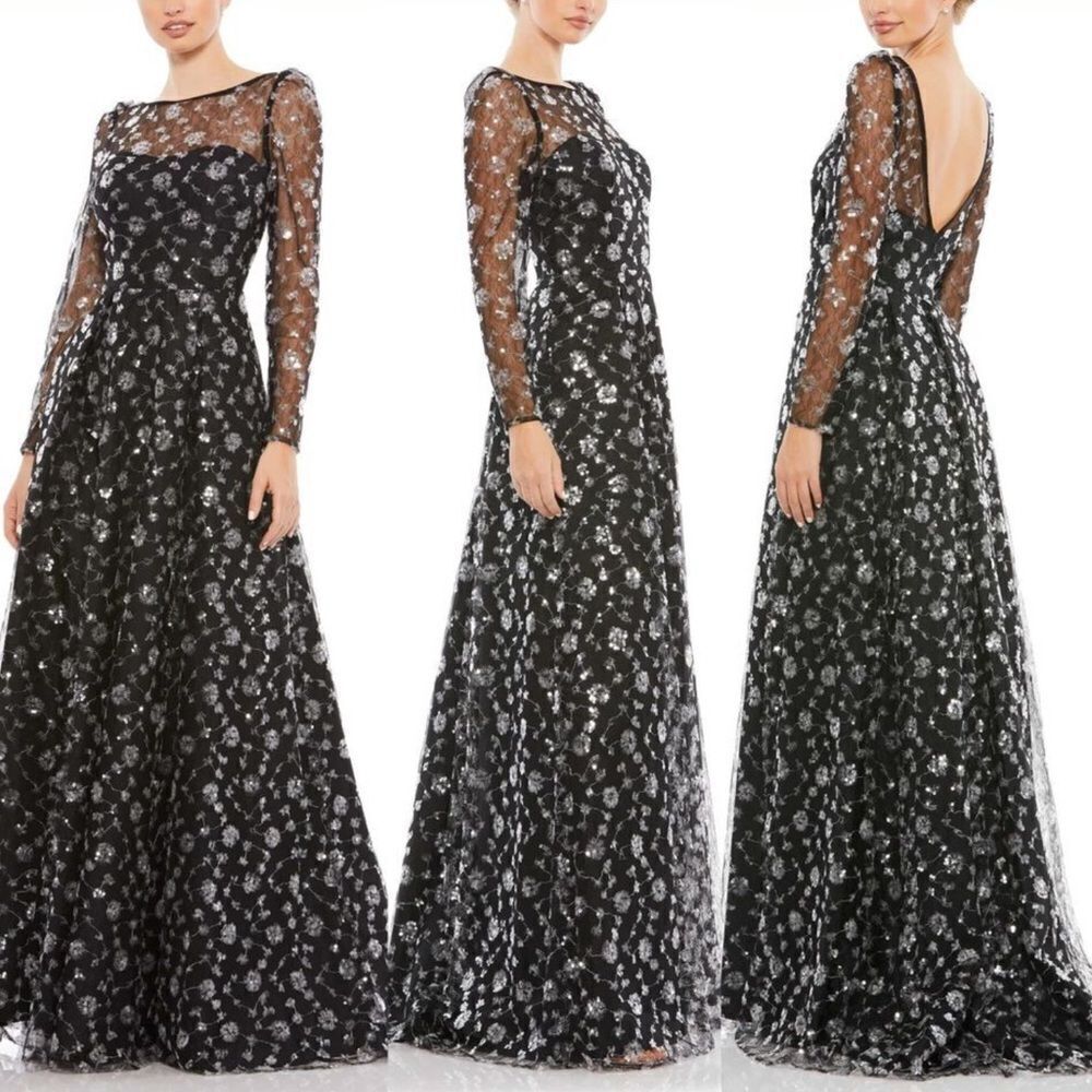 NWT Mac Duggal 12360 Illusion Long Sleeve A Line Gown Black 2